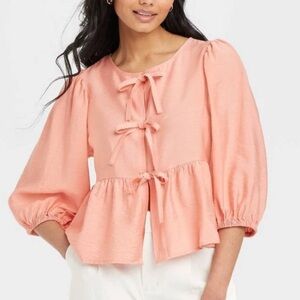 A New Day Peplum Elbow Sleeve Tie Front Pink Peach Size Small